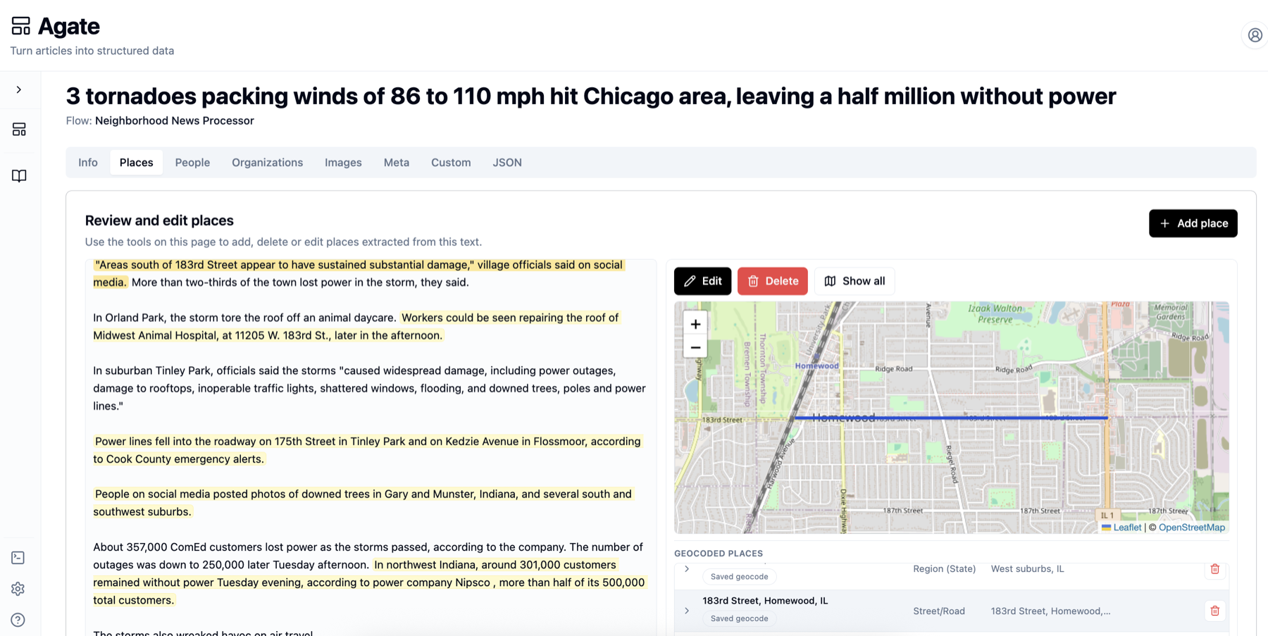 Agate places review interface showing highlighted source evidence beside a map and geocoded locations