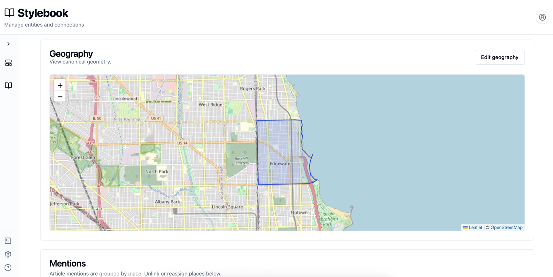Stylebook geography interface showing a maintained neighborhood boundary on a map of Chicago