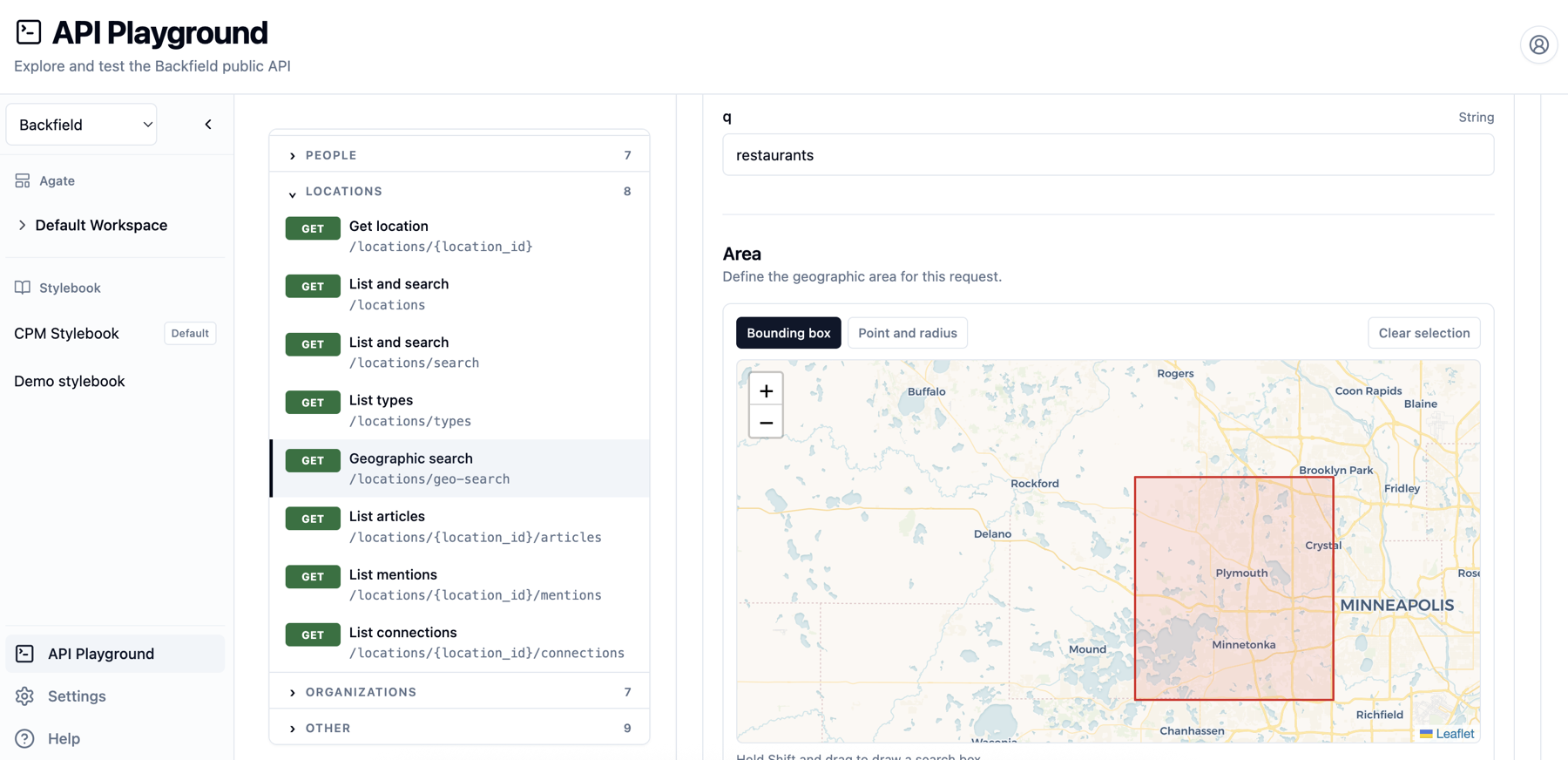 API Playground showing geographic search of locations with a bounding box on a map